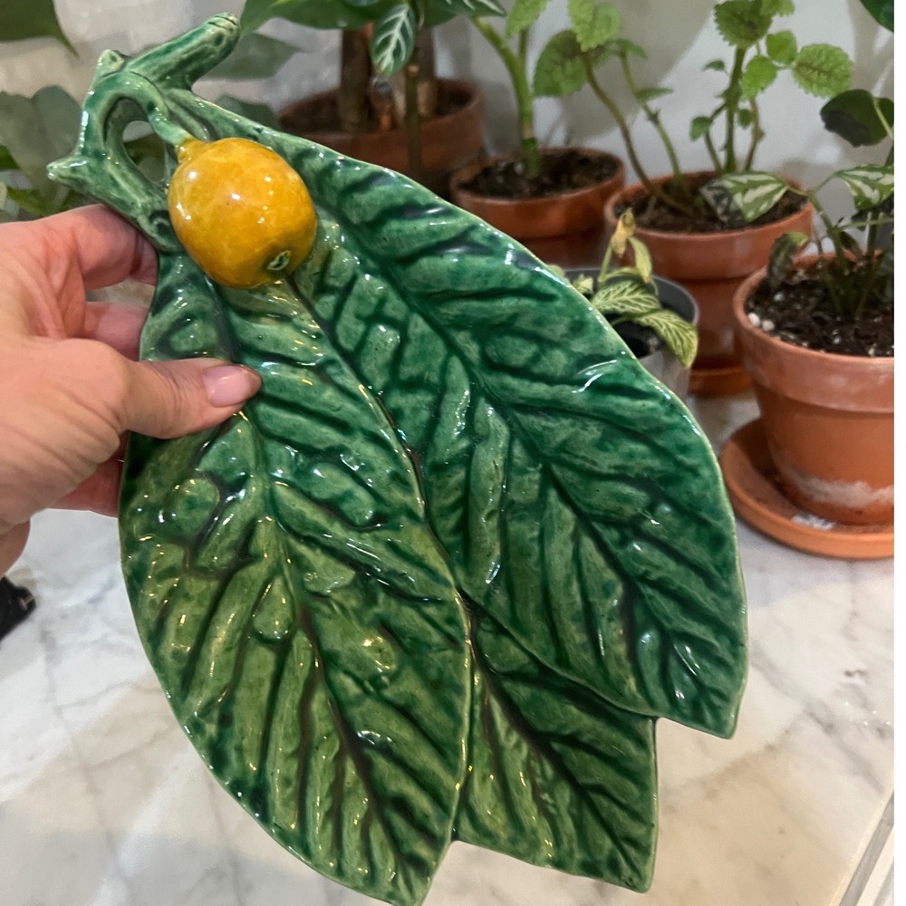 Vintage Portugal Ceramic Green Leaf Dish with Yellow Fruit Majolica Style 5773